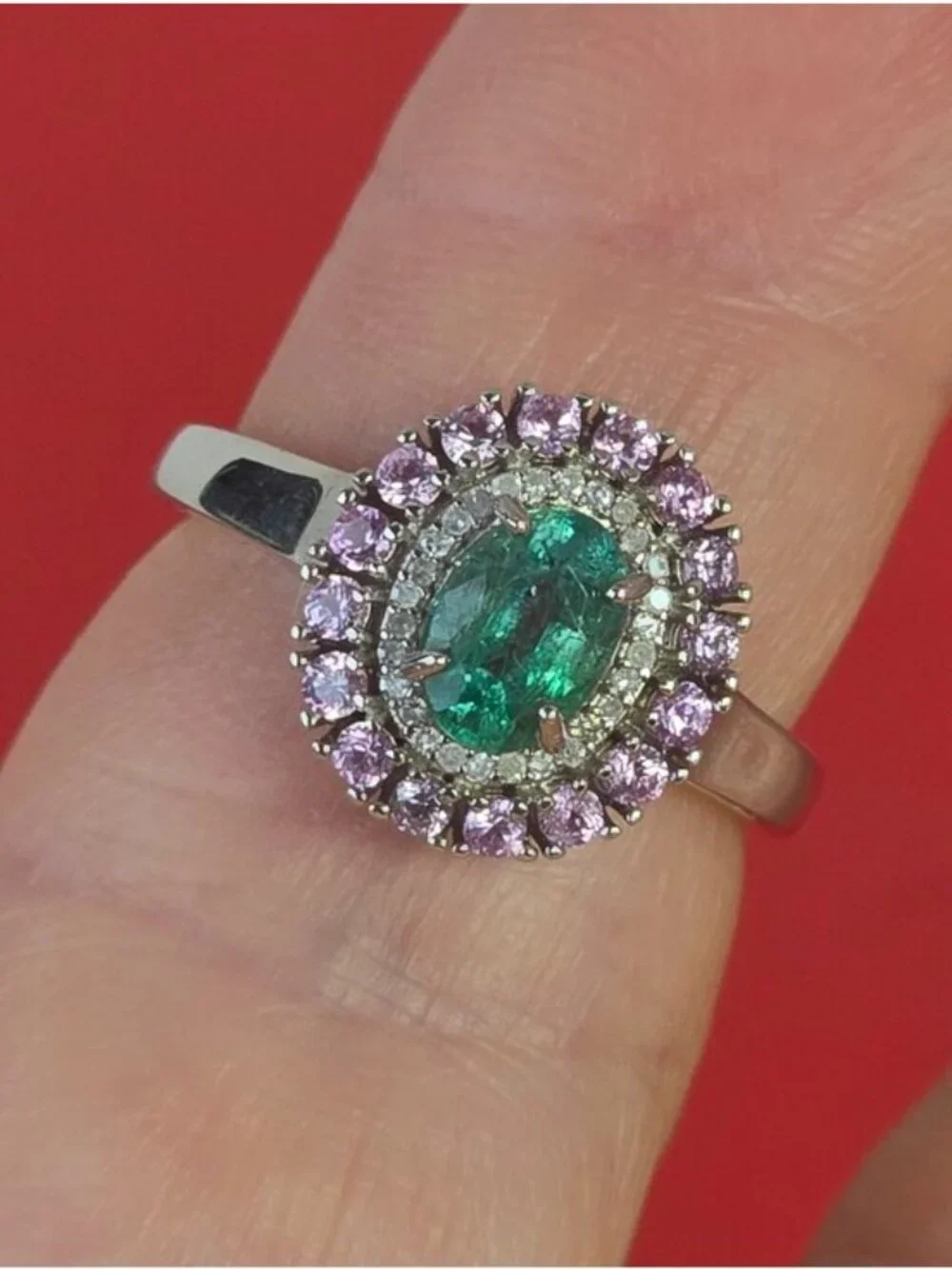 925 Sterling Silver Ring 6.5 with Natural Emerald, Sapphires & Diamonds